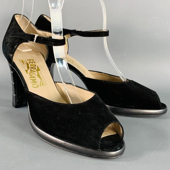 SALVATORE FERRAGAMO Size 9 Black Suede Peep Toe Stacked Heel Ankle Strap Sandals - Picture 1 of 11